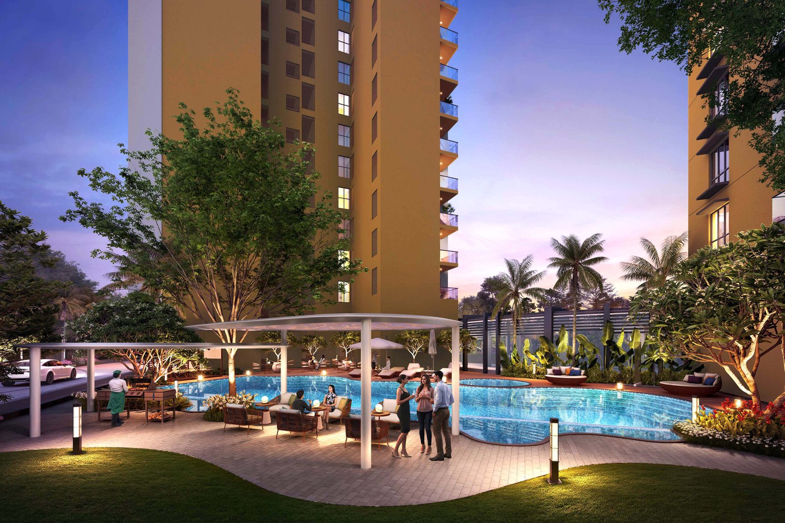 Luxury pool evening rendering